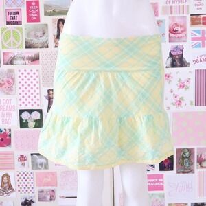 y2k plaid tiered mini skirt yellow green george size M